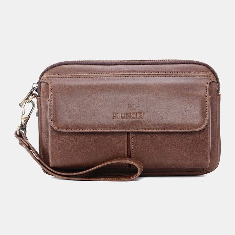 Herre Stor Kapasitet Multikortspor 6.5 Tommers Telefonveske Multifunksjonell Ekte Skinn Business Retro Clutch Vesker