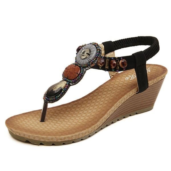 Bohemia Bead Wedge Strandsandaler For Dame Slip On Flip Flops Elastiske Peep Toe Kiler