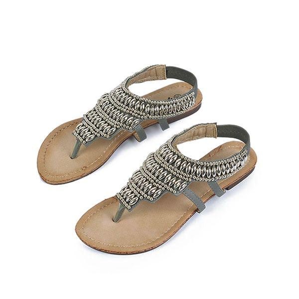 Bohemia Beaded Retro Vintage Strandsandaler For Dame Peep Toe Slip On Flat Sandaler