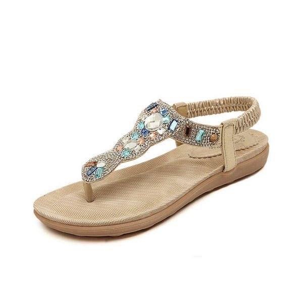 Bohemia Perle For Dame Rhinestone Elastic Beach Flat Sandaler Peep Toe Flip Flops