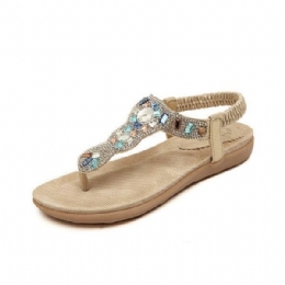 Bohemia Perle For Dame Rhinestone Elastic Beach Flat Sandaler Peep Toe Flip Flops