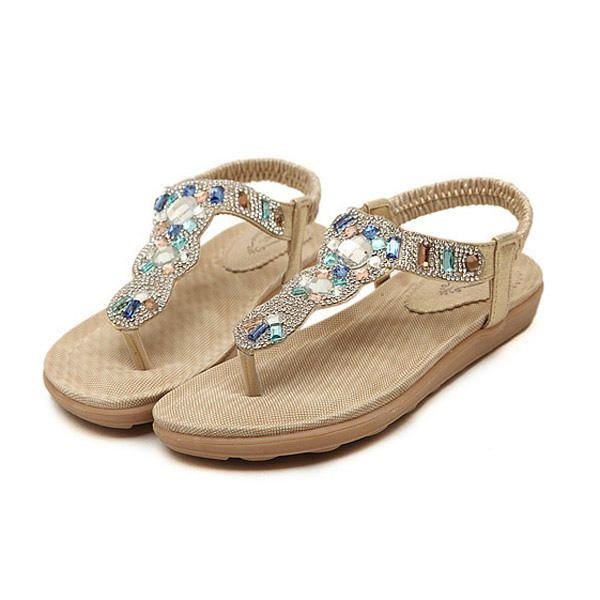 Bohemia Perle For Dame Rhinestone Elastic Beach Flat Sandaler Peep Toe Flip Flops