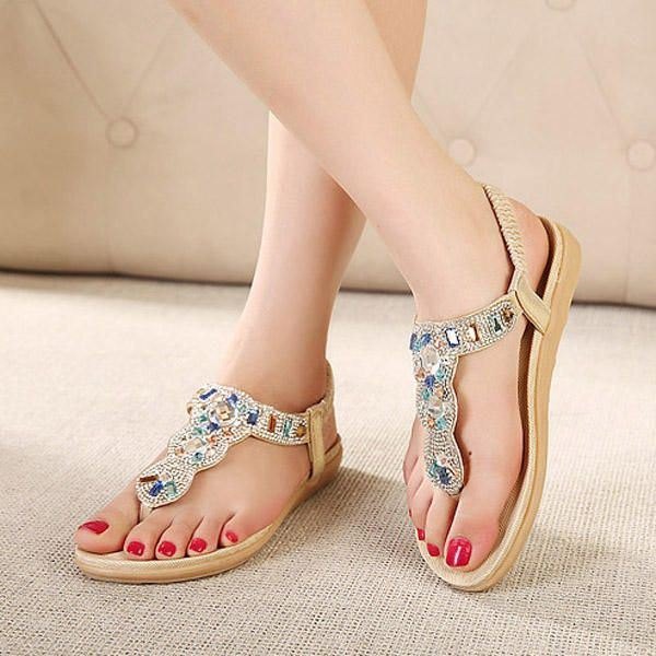 Bohemia Perle For Dame Rhinestone Elastic Beach Flat Sandaler Peep Toe Flip Flops