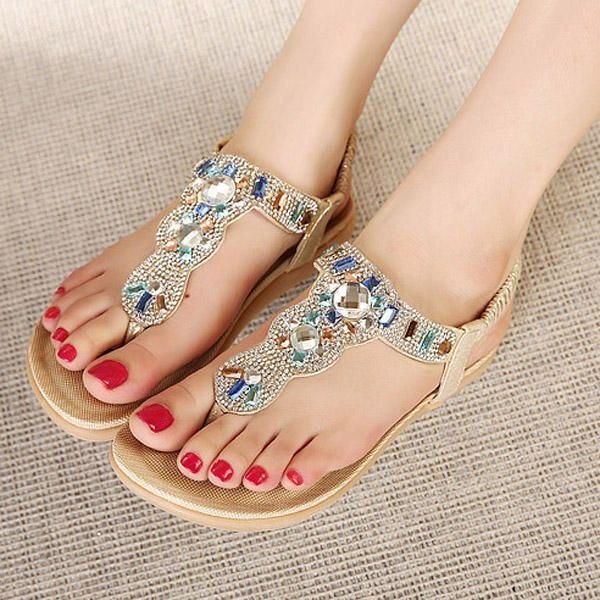 Bohemia Perle For Dame Rhinestone Elastic Beach Flat Sandaler Peep Toe Flip Flops