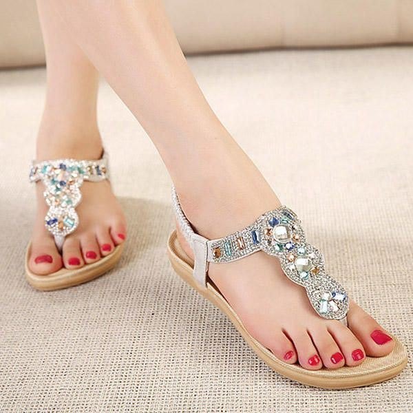 Bohemia Perle For Dame Rhinestone Elastic Beach Flat Sandaler Peep Toe Flip Flops