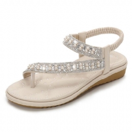 Bohemian Rhinestone Clip Toe Flip Flops Flate Sandaler Med Myk Bunn