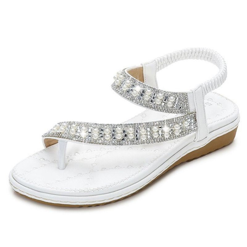 Bohemian Rhinestone Clip Toe Flip Flops Flate Sandaler Med Myk Bunn