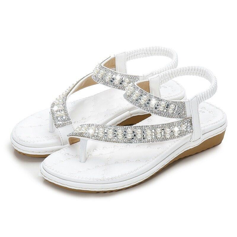 Bohemian Rhinestone Clip Toe Flip Flops Flate Sandaler Med Myk Bunn