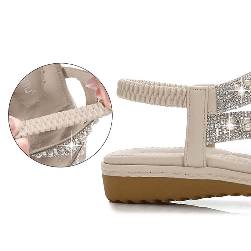 Bohemian Rhinestone Clip Toe Flip Flops Flate Sandaler Med Myk Bunn