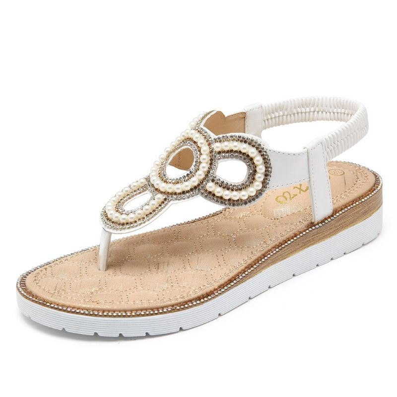 Bohemian Rhinestone Perle Flat Sandaler For Dame Casual Holiday Lady Sandaler