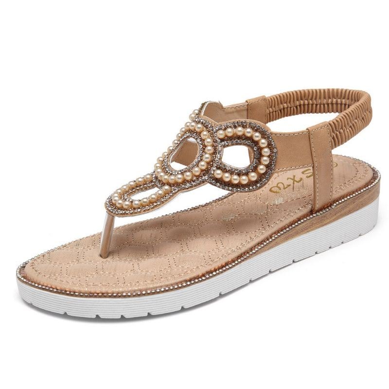 Bohemian Rhinestone Perle Flat Sandaler For Dame Casual Holiday Lady Sandaler