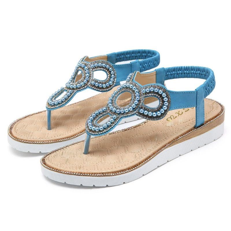 Bohemian Rhinestone Perle Flat Sandaler For Dame Casual Holiday Lady Sandaler