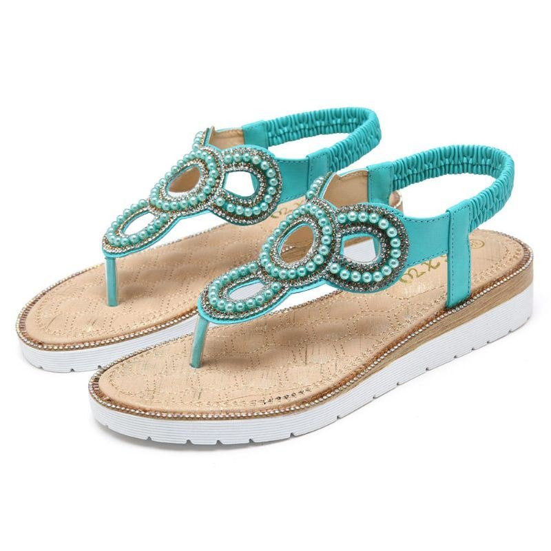 Bohemian Rhinestone Perle Flat Sandaler For Dame Casual Holiday Lady Sandaler