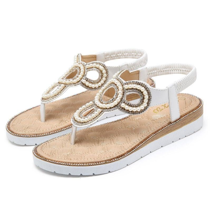 Bohemian Rhinestone Perle Flat Sandaler For Dame Casual Holiday Lady Sandaler