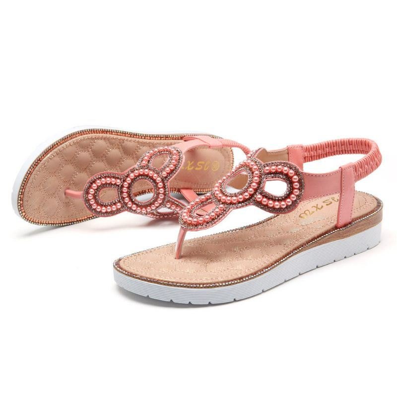 Bohemian Rhinestone Perle Flat Sandaler For Dame Casual Holiday Lady Sandaler