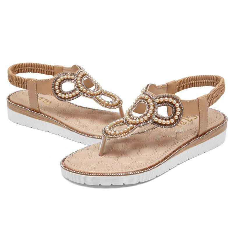 Bohemian Rhinestone Perle Flat Sandaler For Dame Casual Holiday Lady Sandaler