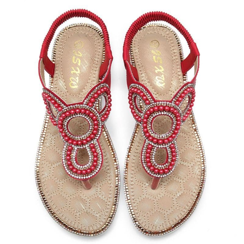 Bohemian Rhinestone Perle Flat Sandaler For Dame Casual Holiday Lady Sandaler