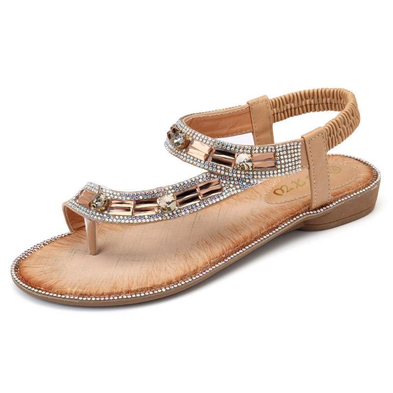 Bohemian Women Rhinestone Flat Sandaler Flip Flop Sko