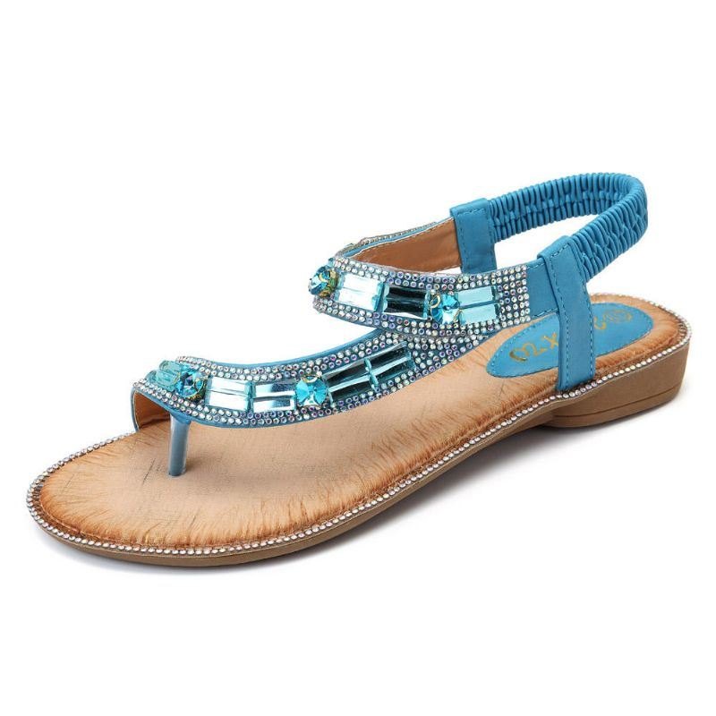 Bohemian Women Rhinestone Flat Sandaler Flip Flop Sko