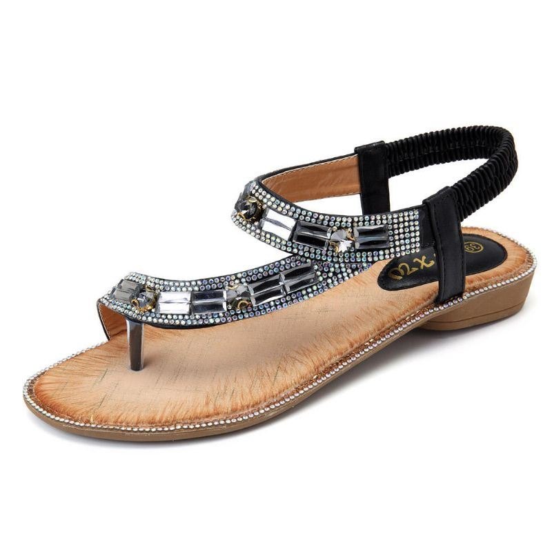 Bohemian Women Rhinestone Flat Sandaler Flip Flop Sko