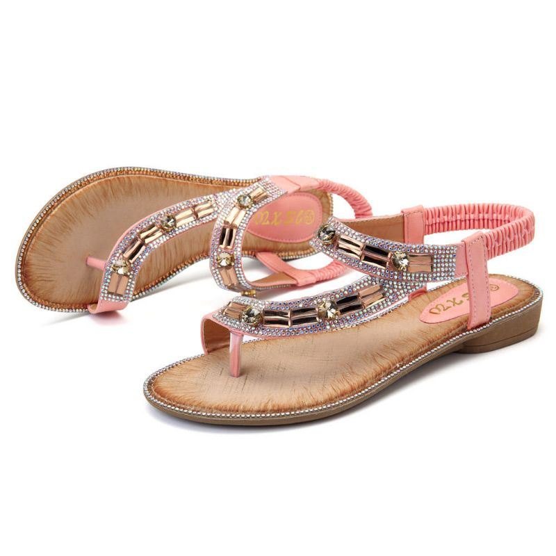 Bohemian Women Rhinestone Flat Sandaler Flip Flop Sko