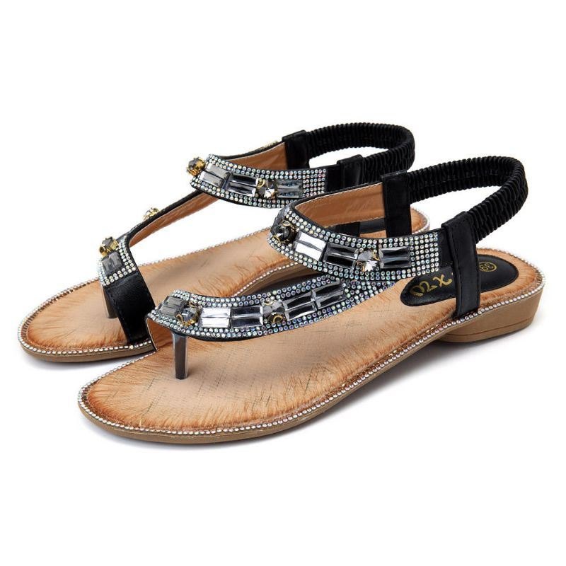 Bohemian Women Rhinestone Flat Sandaler Flip Flop Sko