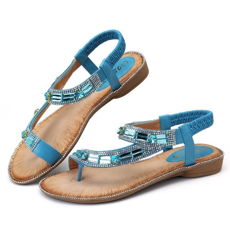 Bohemian Women Rhinestone Flat Sandaler Flip Flop Sko