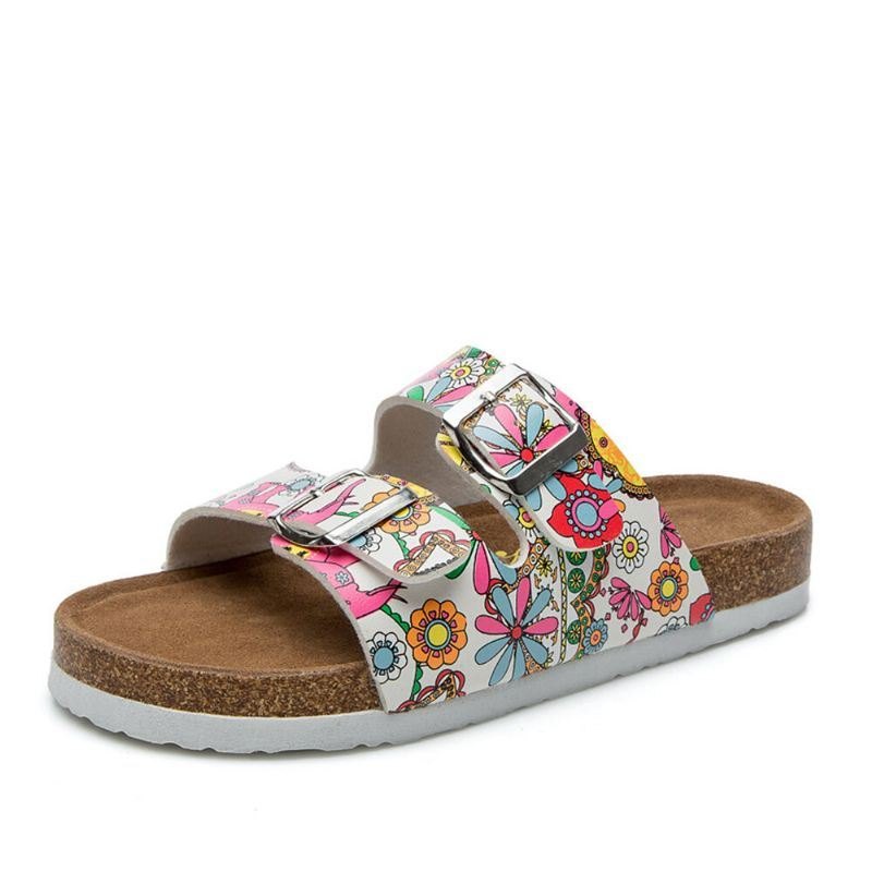 Dame Beach Printing Myk Dobbel Strap Flat Cork Slippers Sandalss