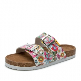 Dame Beach Printing Myk Dobbel Strap Flat Cork Slippers Sandalss