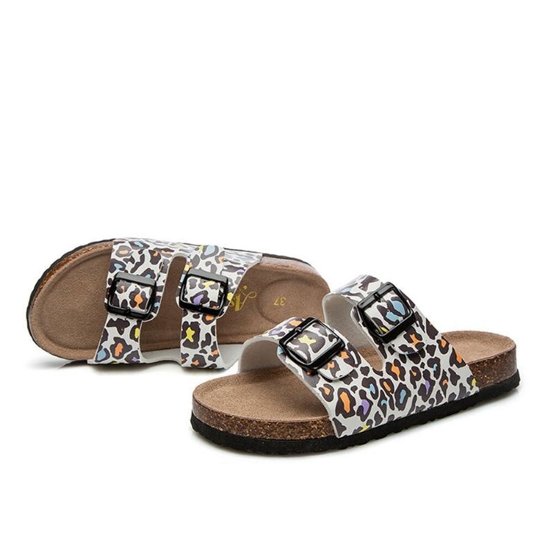 Dame Beach Printing Myk Dobbel Strap Flat Cork Slippers Sandalss