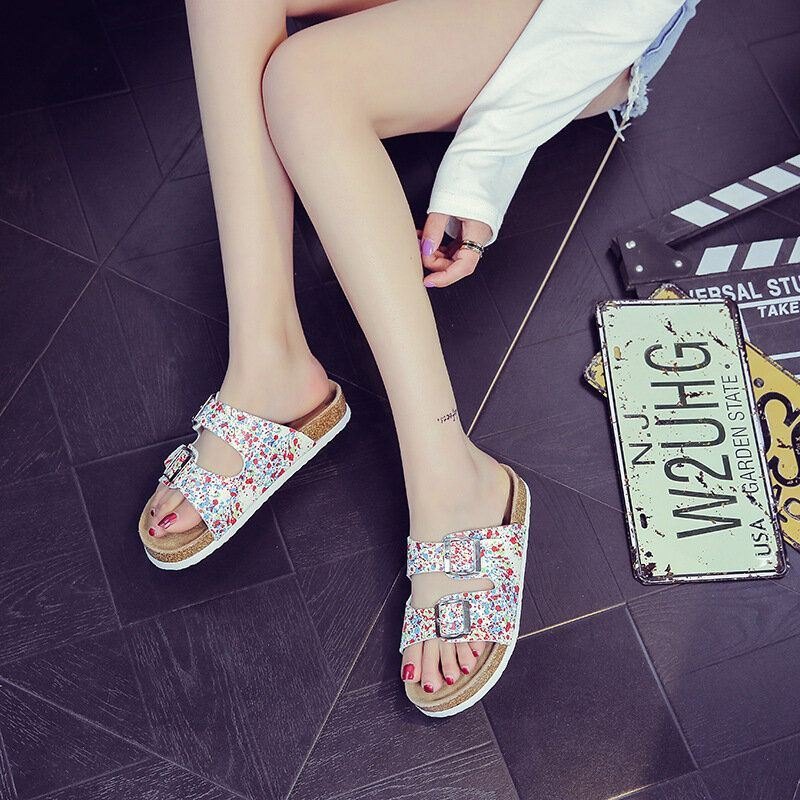 Dame Beach Printing Myk Dobbel Strap Flat Cork Slippers Sandalss