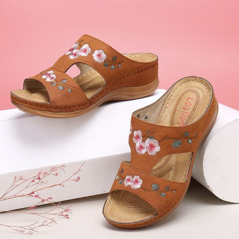 Dame Blomsterbroderi Åpen Tå Casual Summer Wedge Sandaler