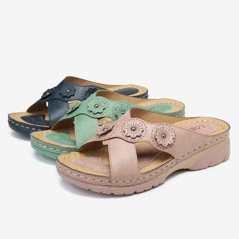 Dame Blomsterdekorasjon Cross Strap Slip On Casual Daily Beach Wedge Sandaler