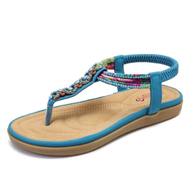 Dame Bohemia Beading Elastisk Band Clip Toe Myk Såle Årsaksfest Sommer Flat Sandaler