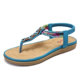 Dame Bohemia Beading Elastisk Band Clip Toe Myk Såle Årsaksfest Sommer Flat Sandaler