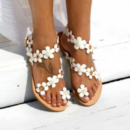 Dame Bohemia Flower Decro Beading Toe Ring Casual Summer Beach Flat Sandaler