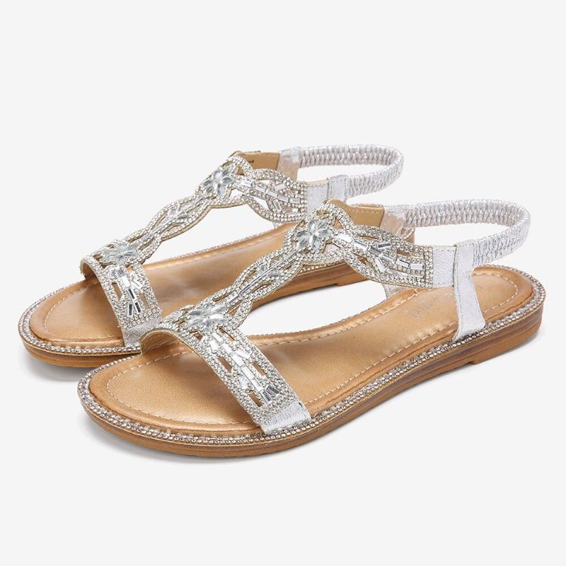 Dame Bohemia Rhinestone Hollow Elastisk Slip On Casual Sandaler