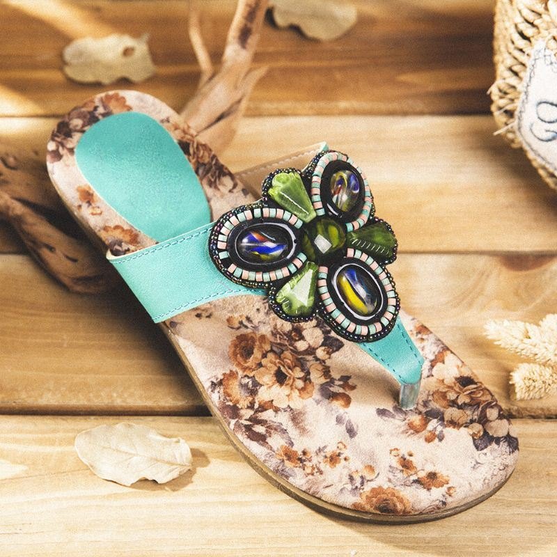 Dame Bohemian Bead Clip Toe Brodert Folkways Blomstermønster Myk Såle Flip Flop Sommer Beach Casual Flat Sandaler