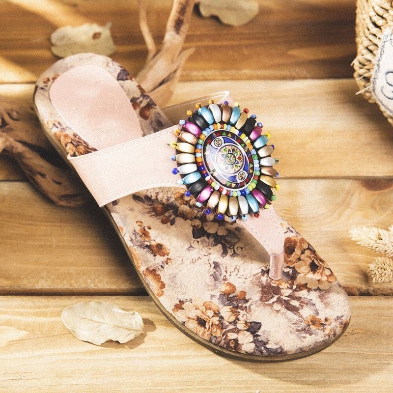 Dame Bohemian Bead Clip Toe Brodert Folkways Blomstermønster Myk Såle Flip Flop Sommer Beach Casual Flat Sandaler