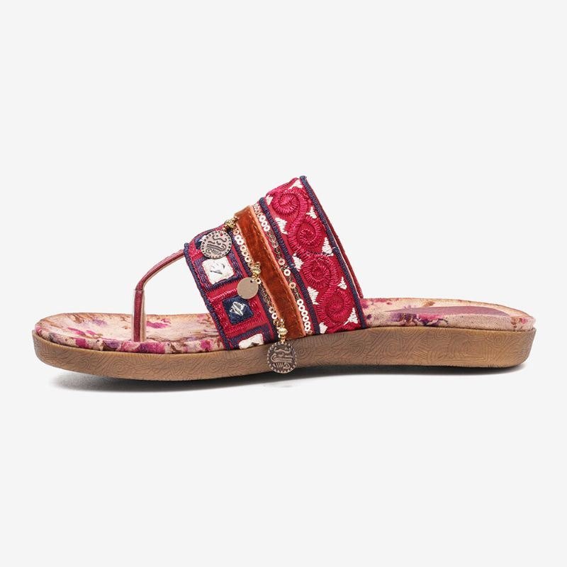 Dame Bohemian Bead Clip Toe Brodert Folkways Blomstermønster Myk Såle Flip Flop Sommer Beach Casual Flat Sandaler