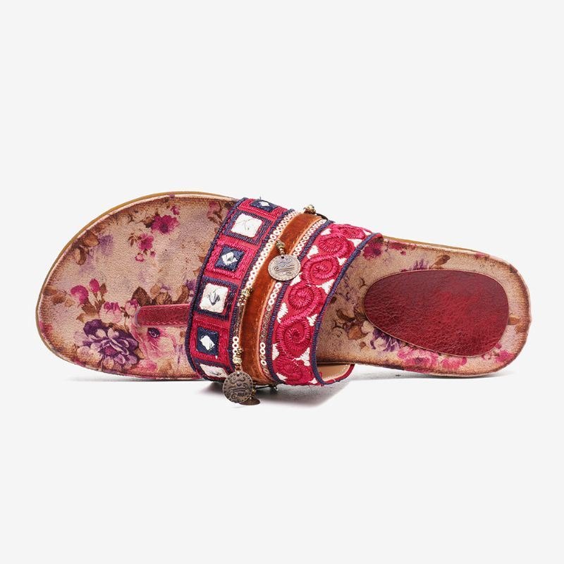 Dame Bohemian Bead Clip Toe Brodert Folkways Blomstermønster Myk Såle Flip Flop Sommer Beach Casual Flat Sandaler