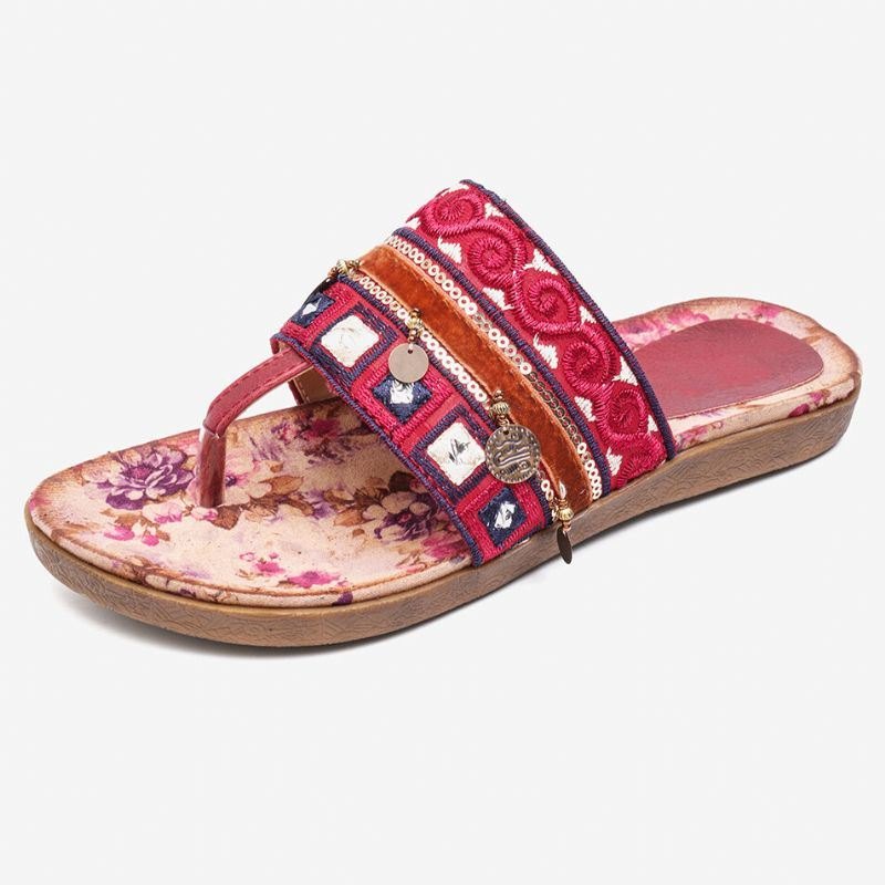 Dame Bohemian Bead Clip Toe Brodert Folkways Blomstermønster Myk Såle Flip Flop Sommer Beach Casual Flat Sandaler