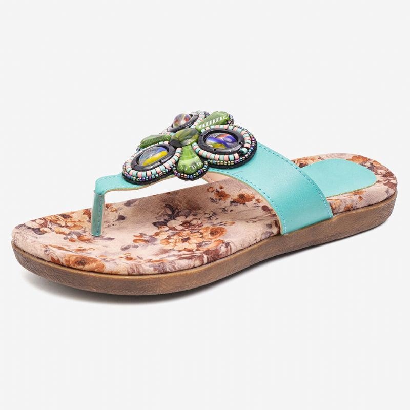 Dame Bohemian Bead Clip Toe Brodert Folkways Blomstermønster Myk Såle Flip Flop Sommer Beach Casual Flat Sandaler