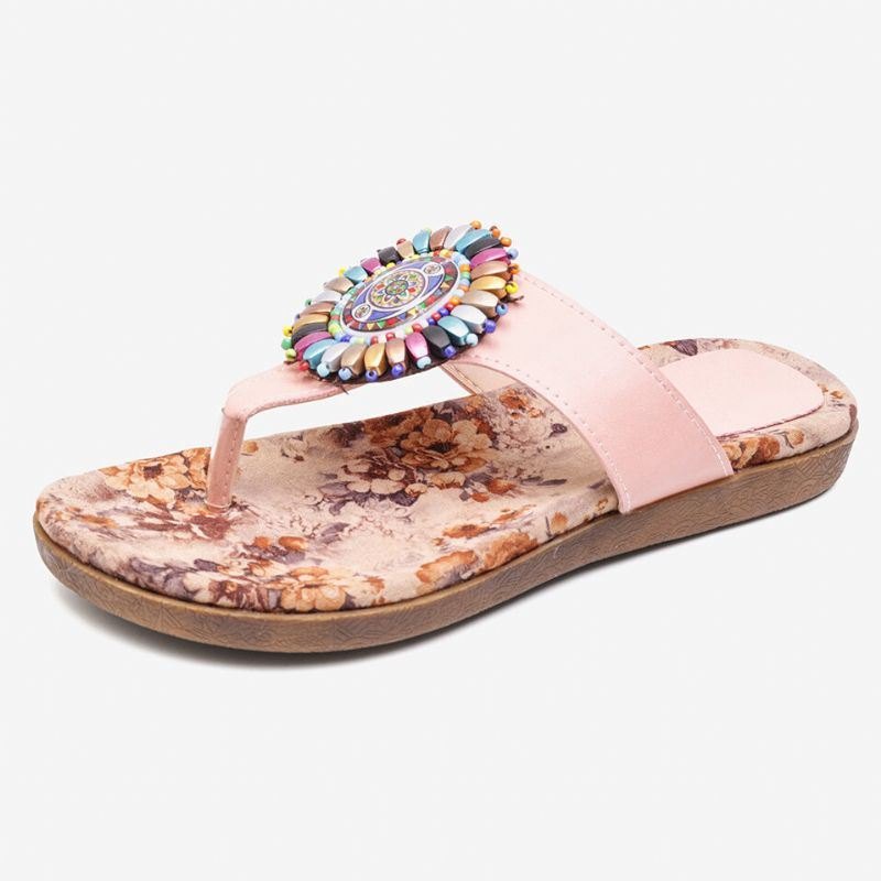 Dame Bohemian Bead Clip Toe Brodert Folkways Blomstermønster Myk Såle Flip Flop Sommer Beach Casual Flat Sandaler