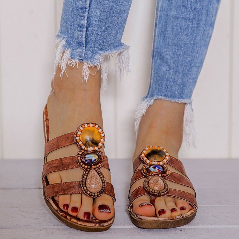 Dame Bohemian Bead Decoration Clip Toe Blomstermønster Myk Såle Uformelt Sommerstrand Flate Sandaler