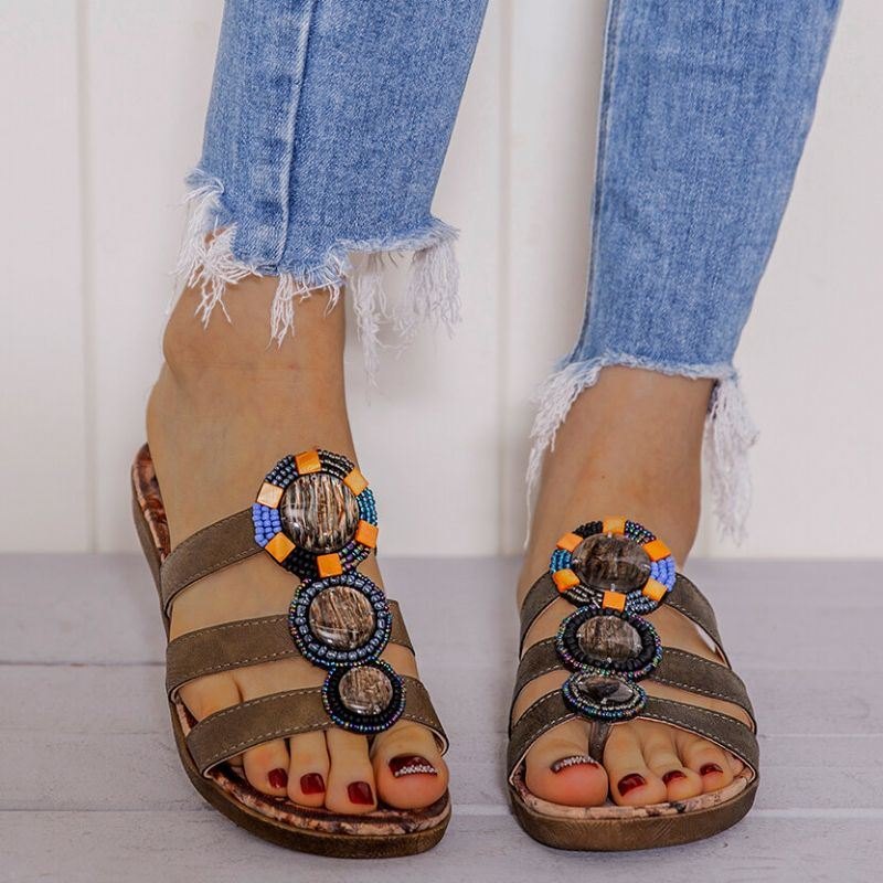 Dame Bohemian Bead Decoration Clip Toe Blomstermønster Myk Såle Uformelt Sommerstrand Flate Sandaler