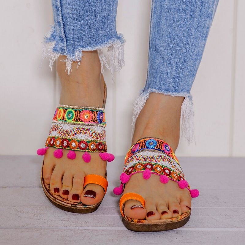 Dame Bohemian Brodered Toe Ring Myk Såle Sommer Casual Flat Sandaler