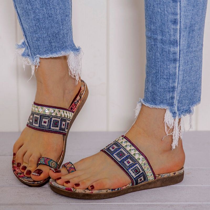 Dame Bohemian Brodered Toe Ring Myk Såle Sommer Casual Flat Sandaler