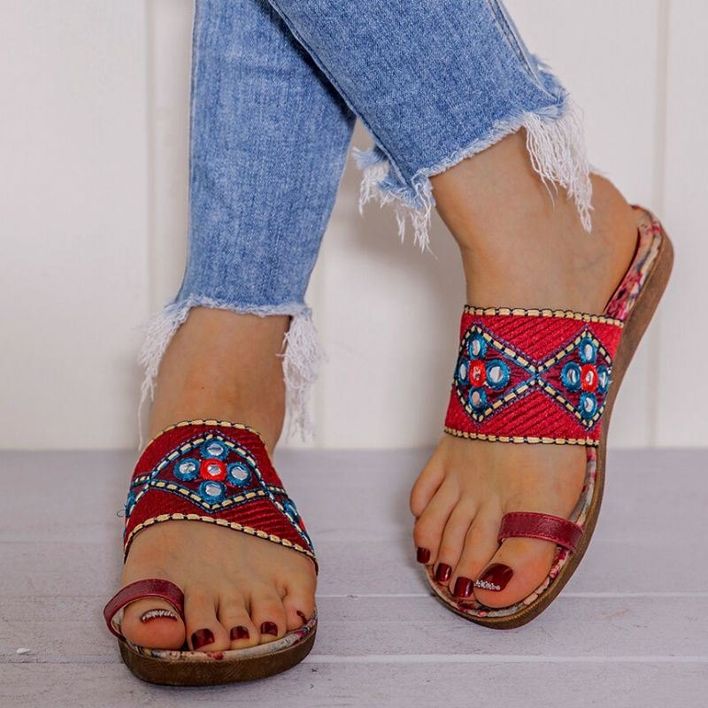 Dame Bohemian Brodered Toe Ring Myk Såle Sommer Casual Flat Sandaler