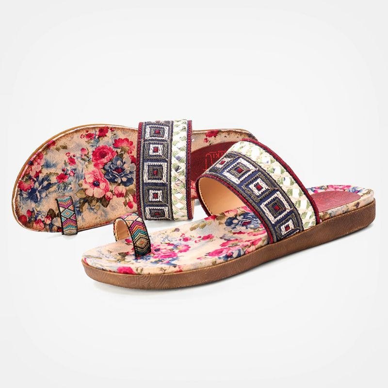 Dame Bohemian Brodered Toe Ring Myk Såle Sommer Casual Flat Sandaler